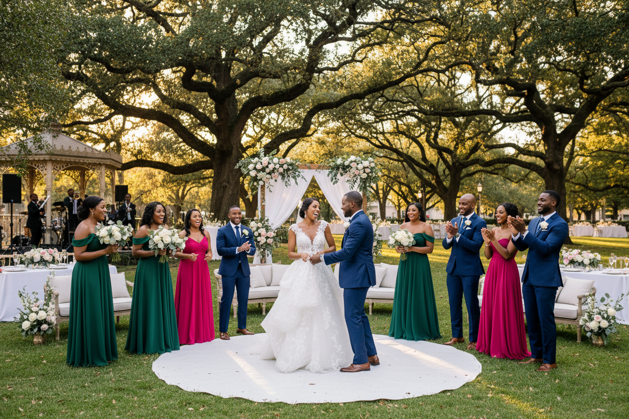 black people wedding party in a park